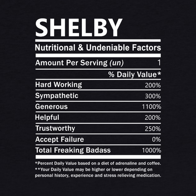 Shelby Name T Shirt - Shelby Nutritional and Undeniable Name Factors Gift Item Tee by nikitak4um